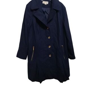 Michael Kors Navy Blue Wool Blend Coat with Gold Hardware Buttons and Zippers22W